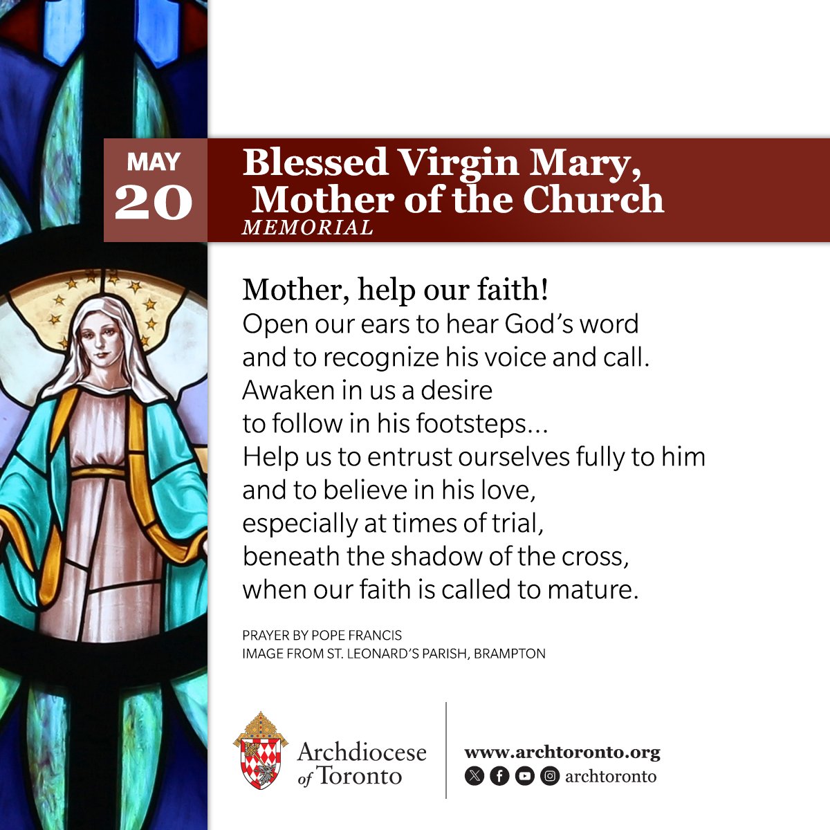 We celebrate the #memorial of the Blessed Virgin Mary, Mother of the Church, on the Monday following Pentecost Sunday. On this day, pray: Mother, help our faith! Open our ears to hear God's word and to recognize his voice and call. Learn more: bit.ly/BVMMotherOfThe…