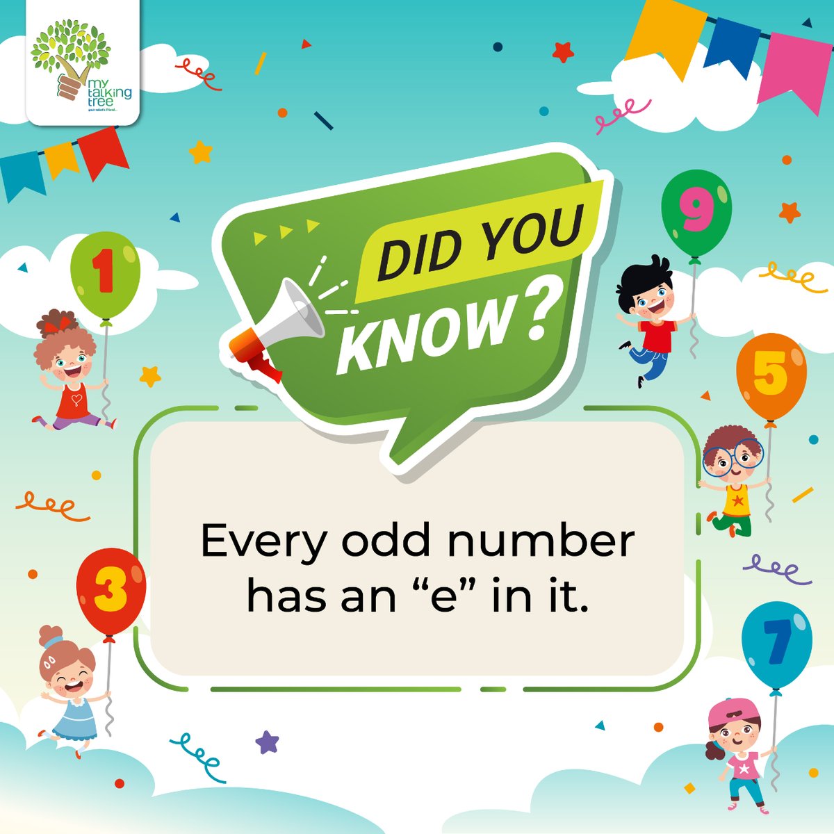 Did you know? The letter 'e' is present in all odd numbers, from one to nineteen.

#Mytalkingtree #FunFacts #DidYouKnow #FunFactFriday #Trivia #FactOfTheDay #FunFactOfTheDay #RandomFacts #InterestingFacts #mrdudu #robotic