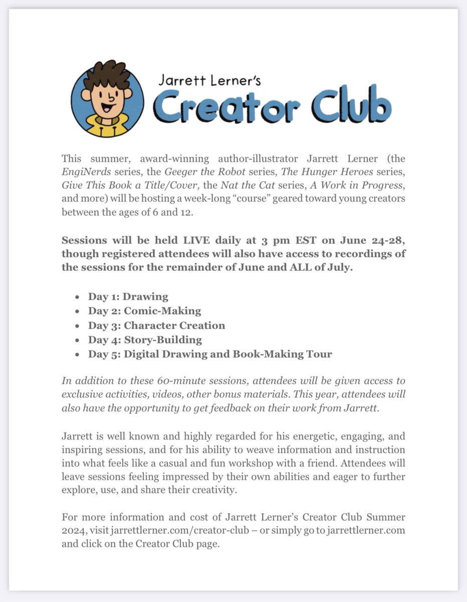 Educators and librarians! Want to share about my summer Creator Club with your students? You can download and print out this handy one-page flier all about it at the very bottom of the Creator Club page of my website. If you share: THANKS! Here’s a link: jarrettlerner.com/creator-club/