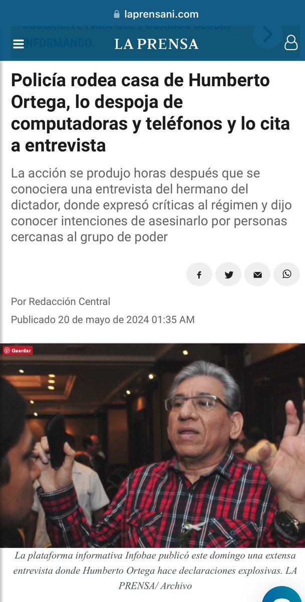 Rodean casa, decomisan computadores y citan a la policía al hermano del dictador y ex jefe del ejército, tras declaraciones donde dijo que lo querían eliminar y que después que muera Daniel Ortega nadie podrá ser líder.