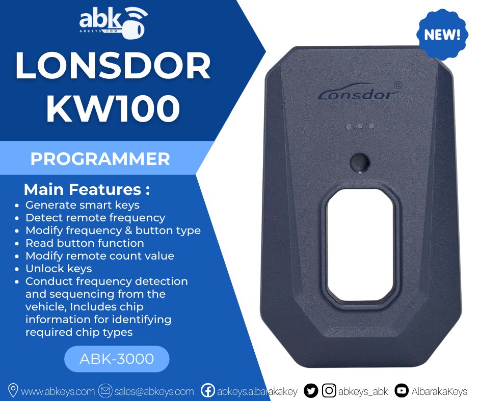 ABKEYS (ALBARAKA KEY) (@abkeys_abk) on Twitter photo ๐ NEW ARRIVAL ๐ Lonsdor KW100 Bluetooth Smart Key Generator For Smart Keys Generating, Detecting & Modifying From ABKEYS ๐
๐ฅ Buy It Now ๐ฅ
abkeys.com/products/lonsdโฆ
๐ View Our Offers ๐
abkeys.com/collections/hoโฆ
#ABKEYS (Al Baraka Key Trading)
abkeys.com ๐ NEW ARRIVAL ๐ Lonsdor KW100 Bluetooth Smart Key Generator For Smart Keys Generating, Detecting & Modifying From ABKEYS ๐
๐ฅ Buy It Now ๐ฅ
abkeys.com/products/lonsdโฆ
๐ View Our Offers ๐
abkeys.com/collections/hoโฆ
#ABKEYS (Al Baraka Key Trading)
abkeys.com