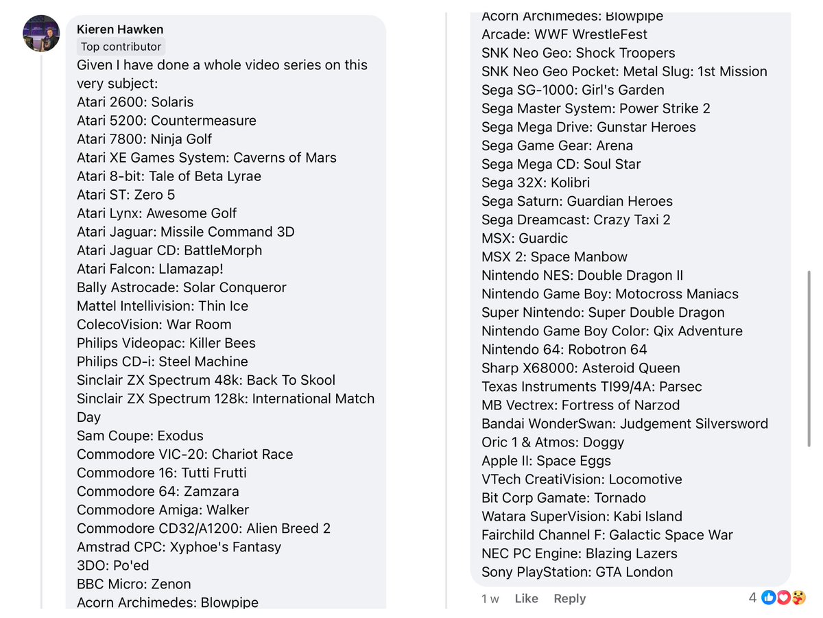 I decided to lord my knowledge over all concerned by providing a list.

If you’re going to do that, you might want to check the games you list.

Gunstar Heroes was not a Megadrive exclusive and neither was GTA London a PS exclusive. 

#retrogaming