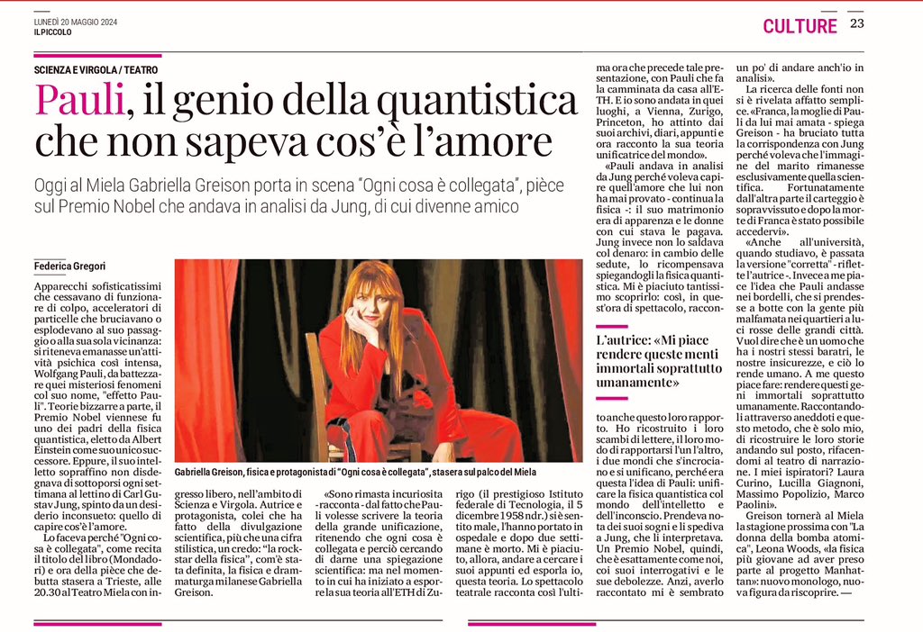 Intervista sul Piccolo di Trieste...stasera OGNI COSA È COLLEGATA al teatro Miela, ingresso libero, ore 20.30. 💥 Sul mio sito nuovo post 👉 greisonanatomy.com/2024/05/20/pau… ⚡️ È la fisica, baby! 🤟