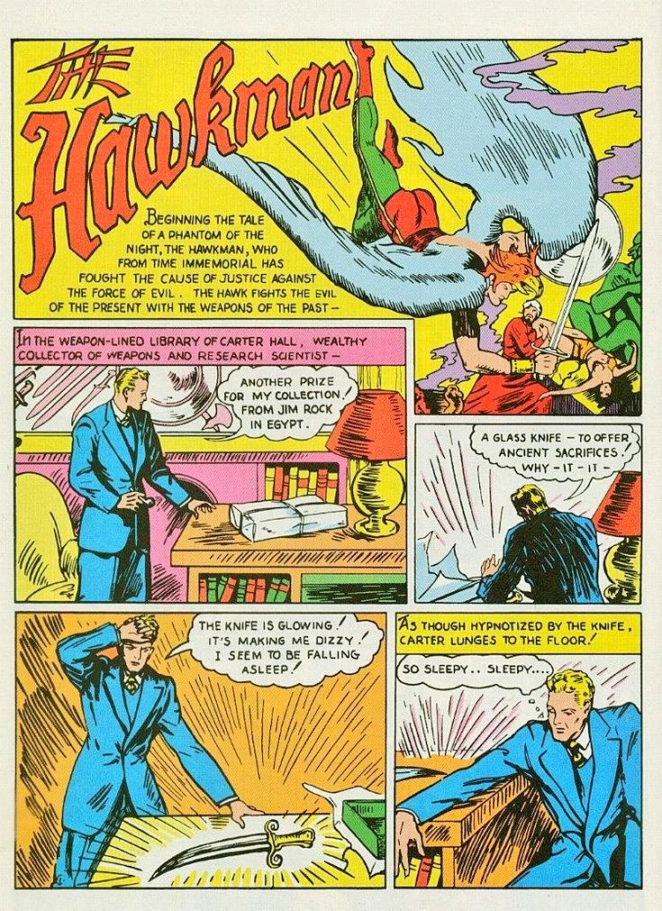 The epic introduction of Hawkman by Gardner Fox (script) and Dennis Neville (art) from Flash Comics#1. (1940 All-American Comics Inc.)