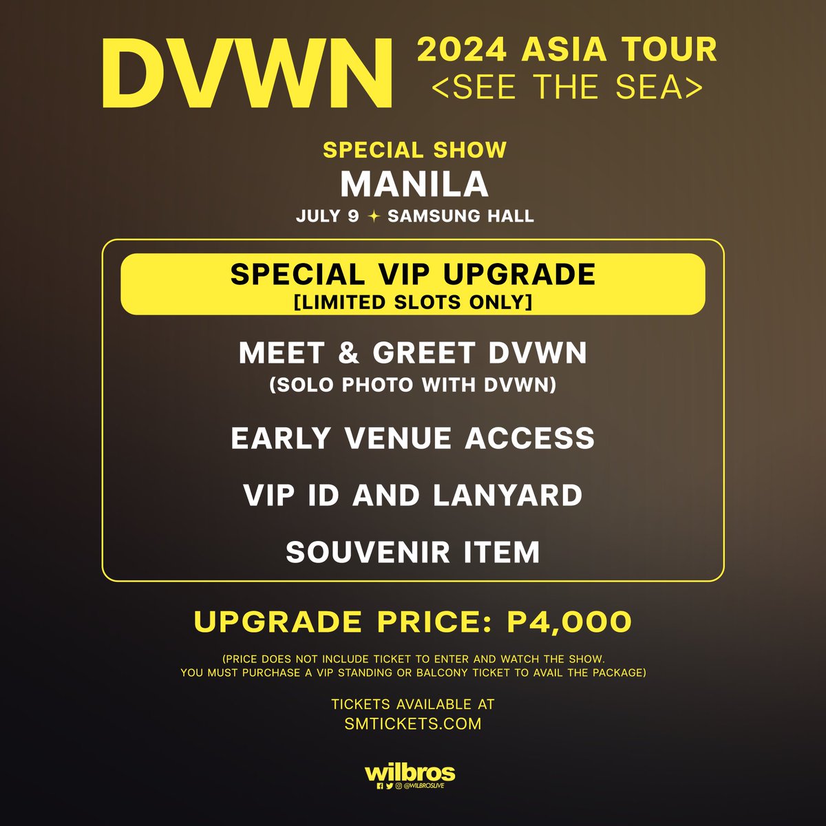 headlinermnl's tweet photo. DVWN 2024 ASIA TOUR [SEE THE SEA] IN MANILA
📍 SAMSUNG HALL, SM AURA
JULY 9, 2024

🎟️ Tickets will be on sale on May 26, 2024 (12PM) via SM Tickets 

Presented by @WilbrosLive
#DVWN #MANILA #WilbrosLive https://t.co/u6HGxsMc2q
