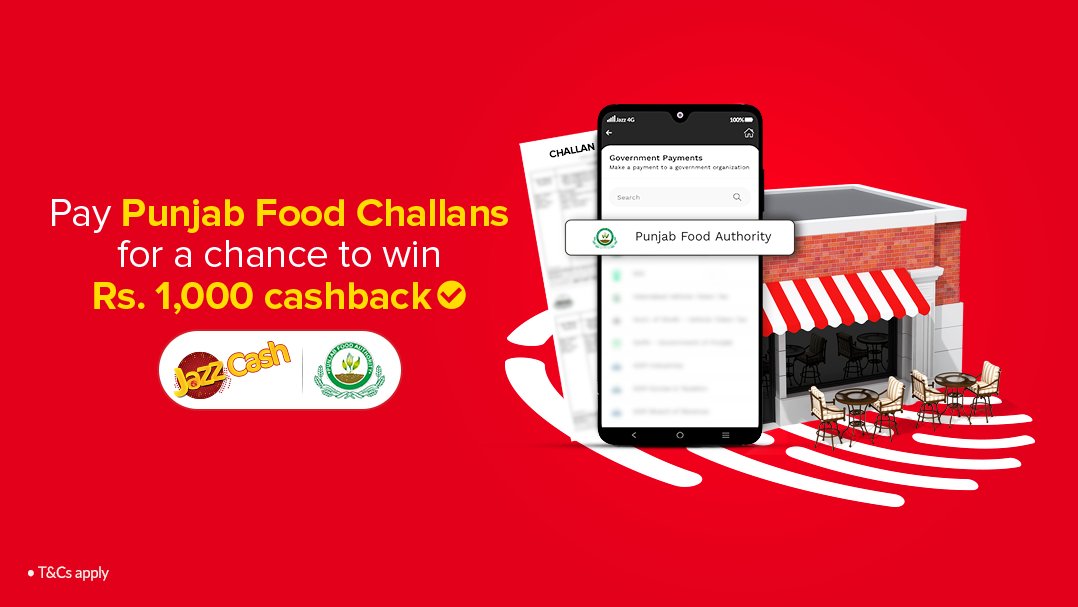 Time to win on challans! Pay your Punjab Food Authority challans via JazzCash for a chance to win Rs.1,000 in cashbacks! Pay now, win now! Download JazzCash: bit.ly/3CS8cti