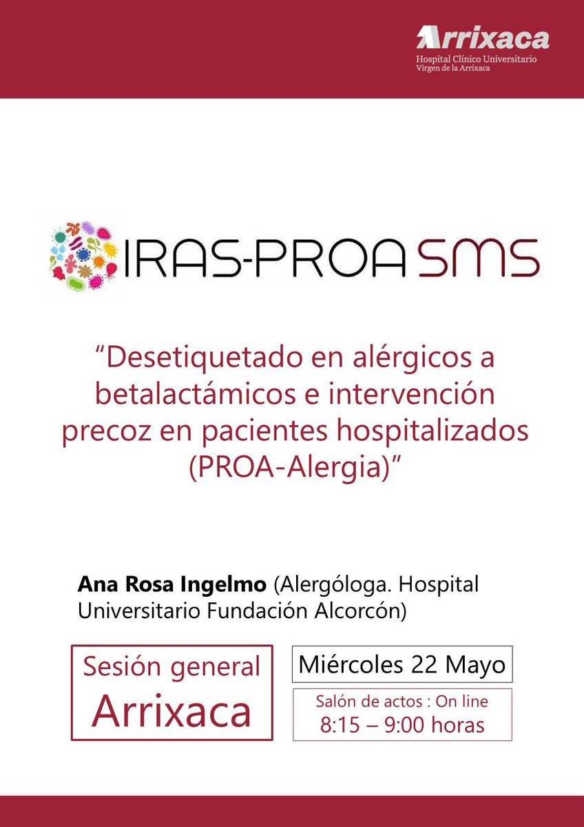 🏥📚 Nueva sesión general 'Desetiquetado en alérgicos a betalactámicos e intervención precoz en pacientes hospitalizados (PROA-Alergia)” con Ana Rosa Ingelmo, alergóloga en el HU. Fundación Alcorcón. @docencia_hcuva 👁️Online …viciomurcianodesalud.adobeconnect.com/desetiquetado2…