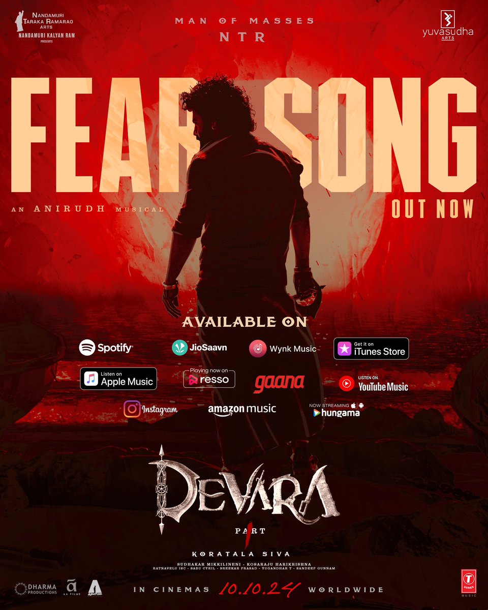 FEAR has made its way to every corner ❤️‍🔥

#FearSong is now streaming on all music platforms 💥

tseries.fym.fm/Devarafearsong

An @anirudhofficial Musical 🎶

#Devara 
Man of Masses @tarak9999 
#KoratalaSiva @RamjoWrites @SantoshVenky @VishnuEdavan1 @ManojMuntashir @Aazad_Varadaraj