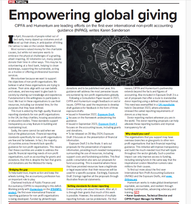 CIPFA and @humentum_org are empowering global giving by pioneering the first International Financial Reporting guidance for non-profits via @IFR4NPO CIPFA Technical Director Karen Sanderson writes on page 36 in @PQMagazine: tinyurl.com/nhfhhzvm #IFR4NPO