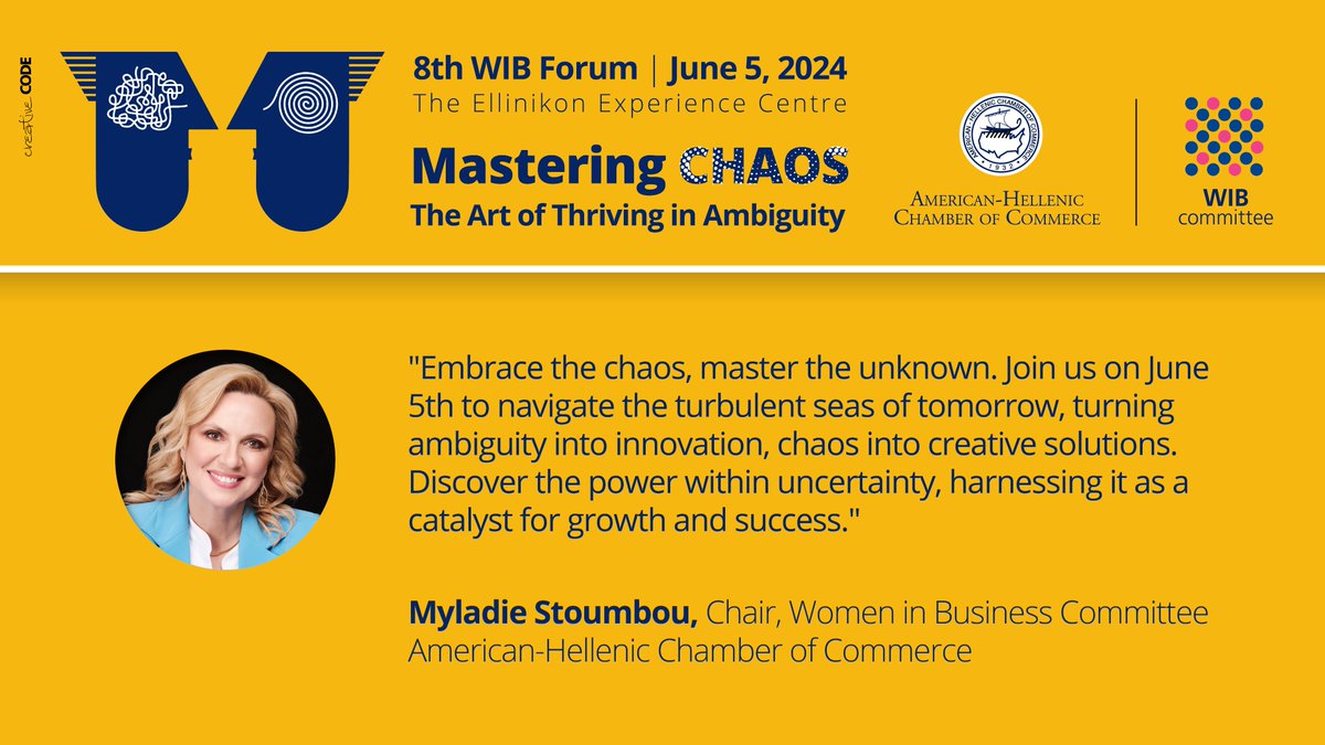 AmChamGr's tweet photo. 🟡 As we are gearing for the 8th WIB Forum, Mastering Chaos | The Art of Thriving in Ambiguity, @melistou, Chair of Women in Business (WIB) Committee, highlights the significance of transforming turbulence into an asset.
ℹ️ More information: https://t.co/mWRDWmhpW7
 #WIB https://t.co/okppOK8hWp