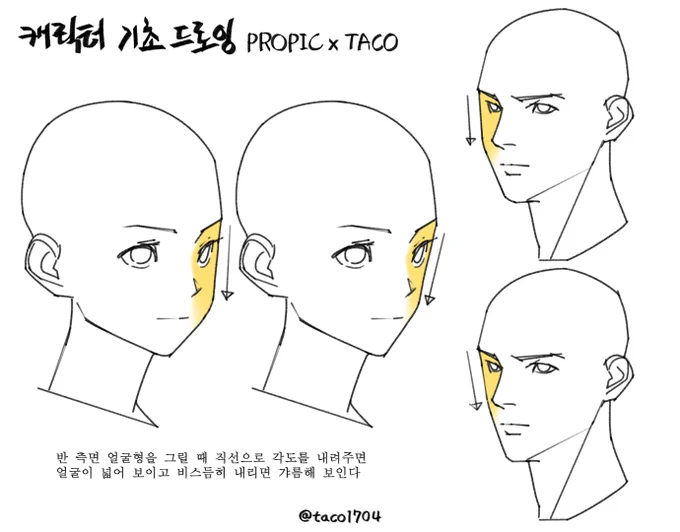 반 측면 얼굴형을 그릴 때 직선으로 내리면 얼굴이 넓어 보이고 비스듬히 내리면 갸름해 보인다 