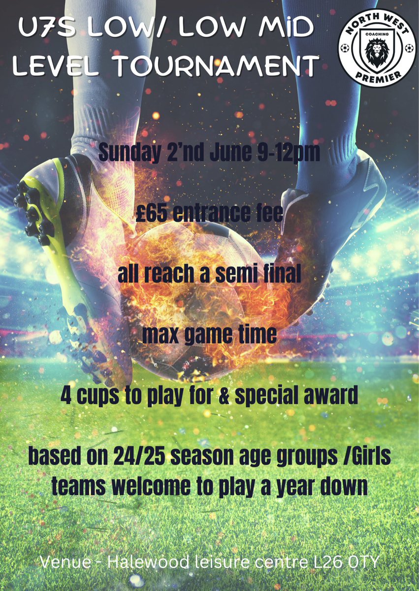 U7 &amp; U8 low level tournaments sunday 2nd June. Couple spaces left due to drop outs