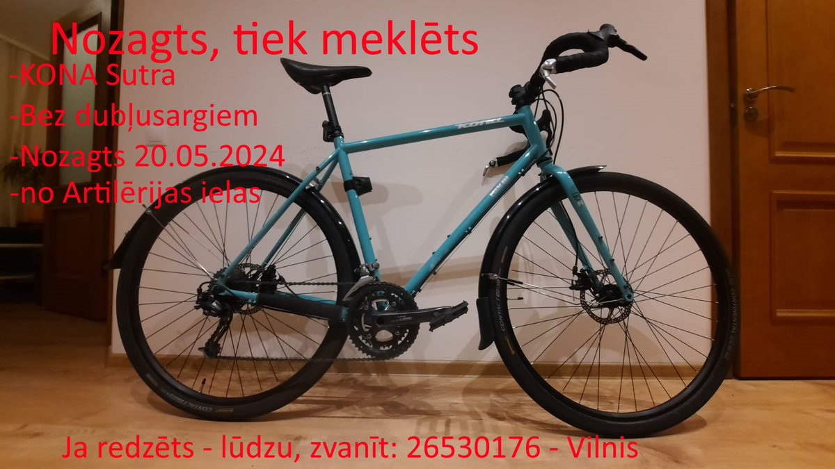 Vēlviens velo zagļu rokās ticis. Ja redzi tirkīza Kona velosipēdu, lūdzu, ziņot.