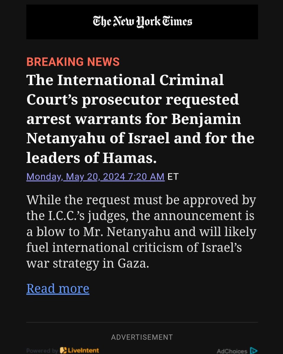 #20maggio Procuratore Corte Internazionale. Richiesti mandati di arresto per Netanyahu, per il ministro della Difesa israeliano e per i leader di Hamas. Per tutti le accuse riguardano crimini di guerra. Salta ogni 'narrazione' di parte. L'umanità va difesa. #cessateilfuoco ora