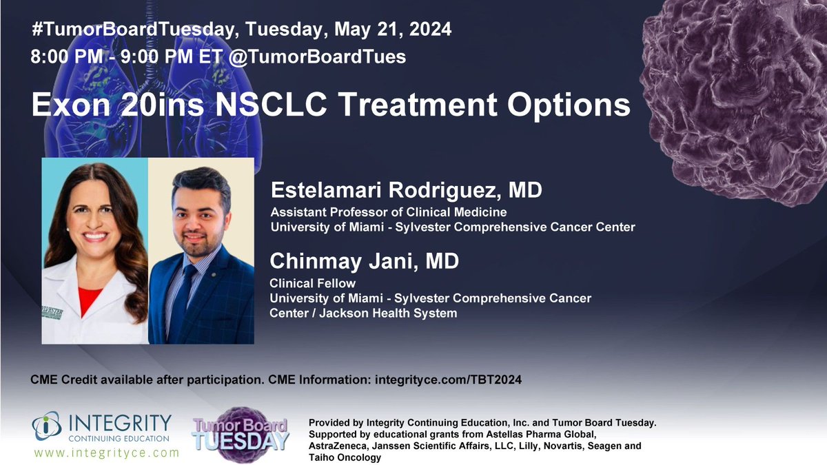 📢 Join us tomorrow for a special @TumorBoardTuesday coming 🔥🔥 from MIAMI☀️ 🌴 to discuss #EGFREx20ins🎯 lung cancer with @Jani_Chinmay @latinamd 📅Tues 05/21/2024 at 8pm ET RT and bring others to the discussion‼️ #lcsm @Exon20Group