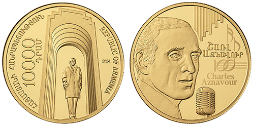 Charles Aznavour aurait eu 100 ans cette année. En son honneur, ces pièces de monnaie émises par la banque centrale d'#Arménie. @AznavourFound @armembfrance
