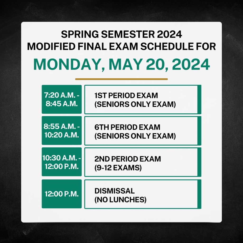 Below is the Spring Semester 2024 modified final exam schedule for Monday, May 20, 2024. @AliefISD @AliefCTE #finishstrong #springfinals #AliefProud #WeAreAlief