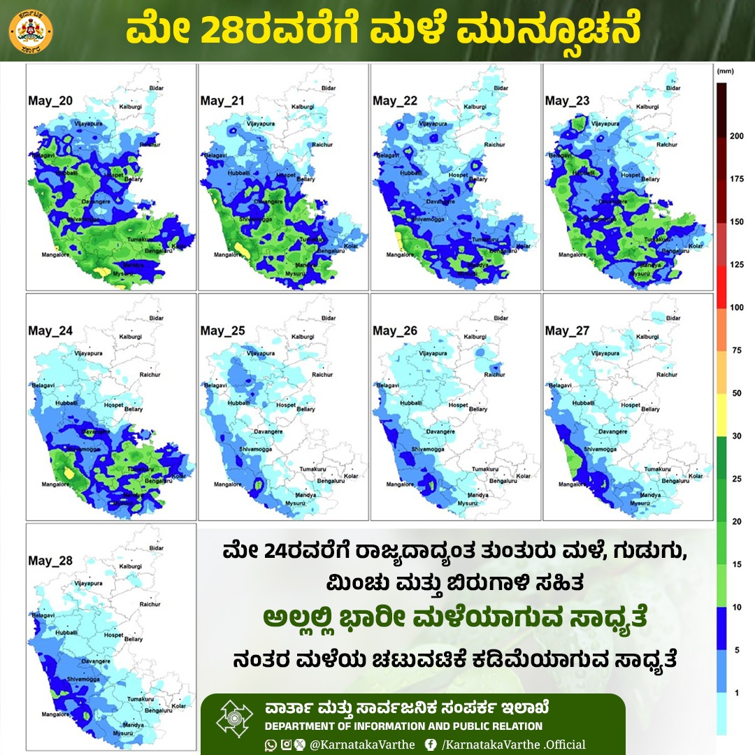 ರಾಜ್ಯದಲ್ಲಿ ಮೇ 28ರವರೆಗೆ ಉತ್ತಮ ಮಳೆಯಾಗುವ ಮುನ್ಸೂಚನೆ ಇದೆ. ಮೇ 24ರವರೆಗೆ ಕೆಲವೆಡೆ ತುಂತುರು ಮಳೆ, ಇನ್ನು ಕೆಲವೆಡೆ ಗುಡುಗು, ಮಿಂಚು ಬಿರುಗಾಳಿ ಸಹಿತ ಭಾರೀ ಮಳೆಯಾಗುವ ಸಾಧ್ಯತೆಯಿದೆ. ನಂತರ ಮಳೆಯ ಪ್ರಮಾಣ ಕೊಂಚ ಕಡಿಮೆಯಾಗಲಿದೆ. #rain #rainydays #karnatakarains