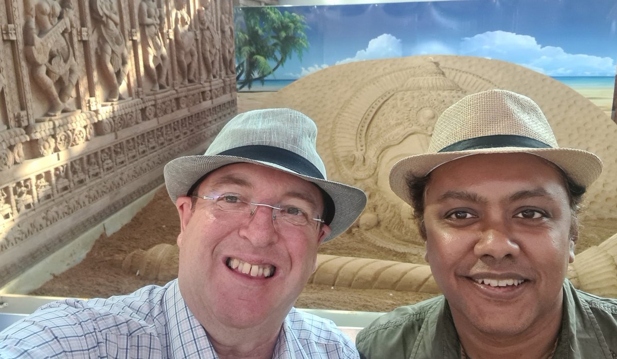 First thing @aaibpiairport is this fantastic installation by my friend @sudarsansand who's story is as inspiring as that of the state these past 30+ years. He has done so much to promote Odisha globally - my colleague @sandiffthin & I look ready to join him! cc. @arvindpadhee