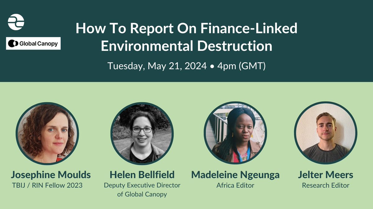 🚨Happening tomorrow! Join @jomoulds, @JelterMeers, @NgeungaM, and @HBellfield to learn how to follow the money on environmental investigations. 🗓️ May 21 ⏰ 4:00 pm GMT Register 👉 bit.ly/3ysRVh6