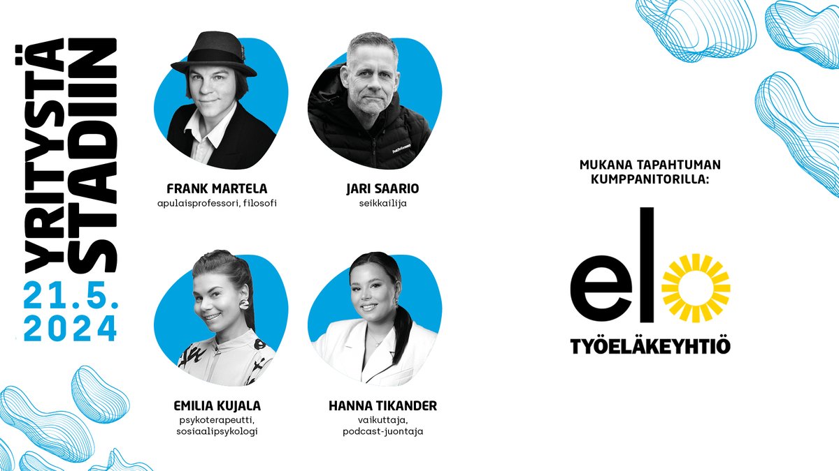 Elo (<a href="/EloTyoelake/">Työeläkeyhtiö Elo</a>) on mukana maksuttomassa Yritystä Stadiin -tapahtumassa huomenna 21.5.! Tapahtumassa pääset keskustelemaan Elon ammattilaisten kanssa, jotka huolehtivat yrittäjien työeläkevakuuttamisesta. Ilmoittaudu mukaan: yritystastadiin.fi #YS24 #yrittäjät
