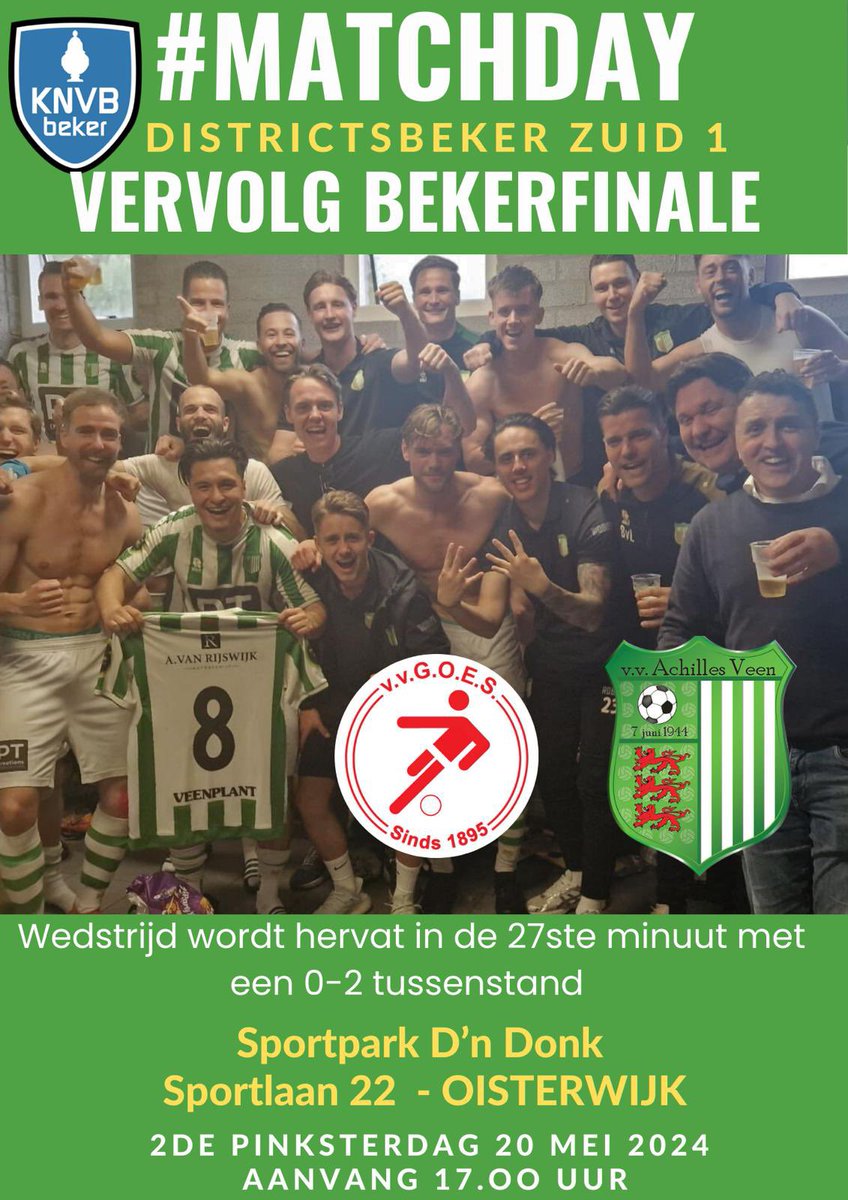 AchillesVeen's tweet photo. #Matchday vandaag het vervolg van de bekerfinale tussen kampioen @vvgoes en Achilles Veen.
De wedstrijd wordt hervat in minuut 27, met een 0-2 voorsprong voor Achilles Veen.
#goeach #8 #Nikki #Baggerman #StayStrong https://t.co/tWz6eeNsuY