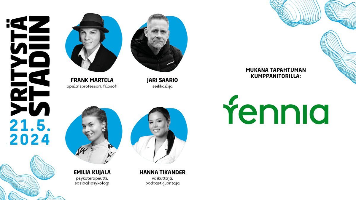 Mukana Yritystä Stadiin -tapahtumassa on huomenna 21.5. Fennia (<a href="/Fenniaturvaa/">Fennia</a>), joka turvaa työeläke-, sairaus- ja henkivakuutuksilla yrittäjän hyvinvointia ja yritystoiminnan jatkuvuutta. Vielä ehdit ilmoittautua: yritystastadiin.fi #YS24 #yrittäjät