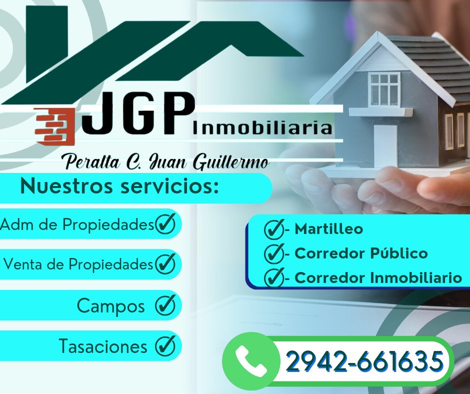 ZapalaUrbana's tweet photo. 📣 #PUBLICIDAD

🏘JGP - Inmobiliaria 

🔸️Martillero- Corredor Público  - Corredor Inmobiliario 

🔹️Administración de Propiedades 
🔹️Ventas de Propiedades
🔹️Campos
🔹️Tasaciones 

🏚Contacto: 2942-661635

#Zapala #Neuquen #CutralCo #LasLajas #VillaPehuenia #Loncopue https://t.co/6HNRZY6Tpk