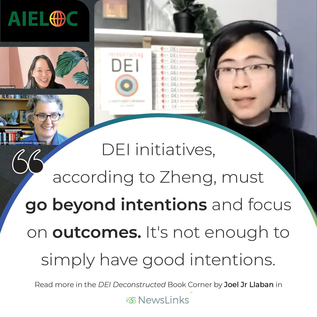 In #ISSedu NewsLinks, @JoelJrLLABAN reflects on key learnings from the recent 'DEI Deconstructed' book club with author @lilyzheng308, co-hosted by ISS and AIELOC. Read at iss.education/NL24-Book-Corn… #DEIJ