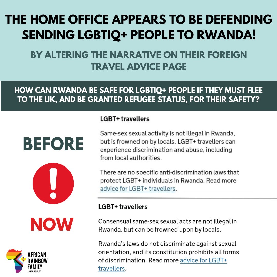 SIGN OUR NO PRIDE IN DEPORTATION PETITION NOW! 🚨 The Home Office is making movements towards sending LGBTIQ+ people to Rwanda under the cruel Rwanda Act, by altering their narrative on Rwanda's attitude towards LGBTIQ+ people. Sign here: petition.parliament.uk/petitions/6521…