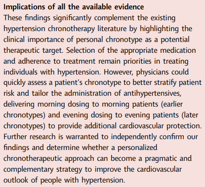 Effect of timed dosing of usual antihypertensives according to patient chronotype on cardiovascular outcomes: a sub-study cohort of the TIME study

Alignment of dosing time of usual antihypertensives with chronotype could lower incidence of non-fatal MI

thelancet.com/journals/eclin…