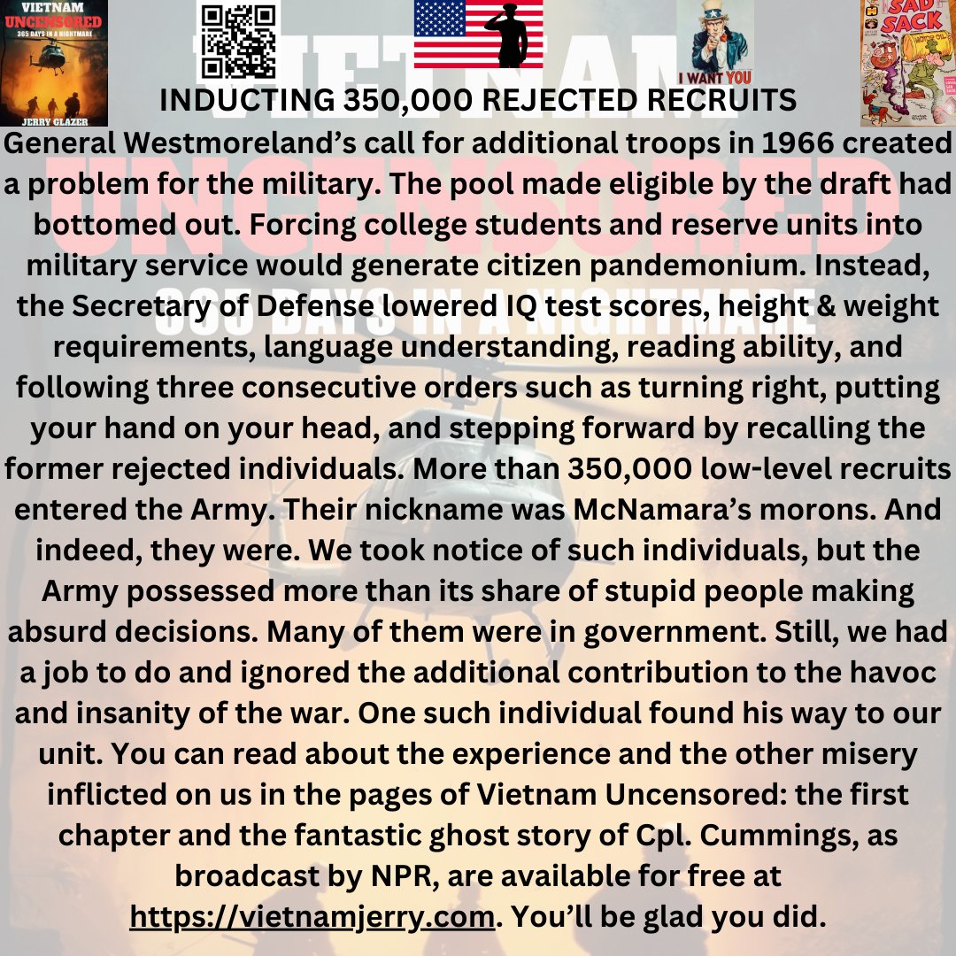 INDUCTING 350,000 REJECTED RECRUITS The Army lowered the IQ standard and physical requirements to feed the furnace. Insights into Vietnam Uncensored vietnamjerry.com #vietnamwar #vietnamvets #shortstories #readersoftwitter #mustreadbooks #history