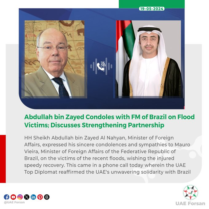 H.H. Sheikh #AbdullahbinZayed expressed his sincere condolences and sympathies to Mauro Vieira, Minister of Foreign Affairs of the Federative Republic of #Brazil in which Vieira truly touched by the #UAE & its noble humanitarian initiatives.  🇦🇪🇧🇷#BrazilFloods #UAEAid #humanity