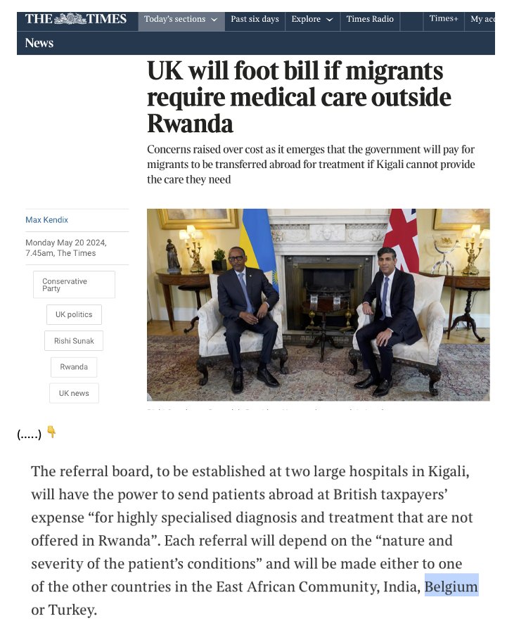 This would be laughable if it weren't so tragic The UK will now have to pay to fly the asylum-seekers it has already deported to Rwanda (if, that is, it ever manages to do that) to... Belgium ! (amongst other places) for medical care if they can't find specialists in Kigali👇