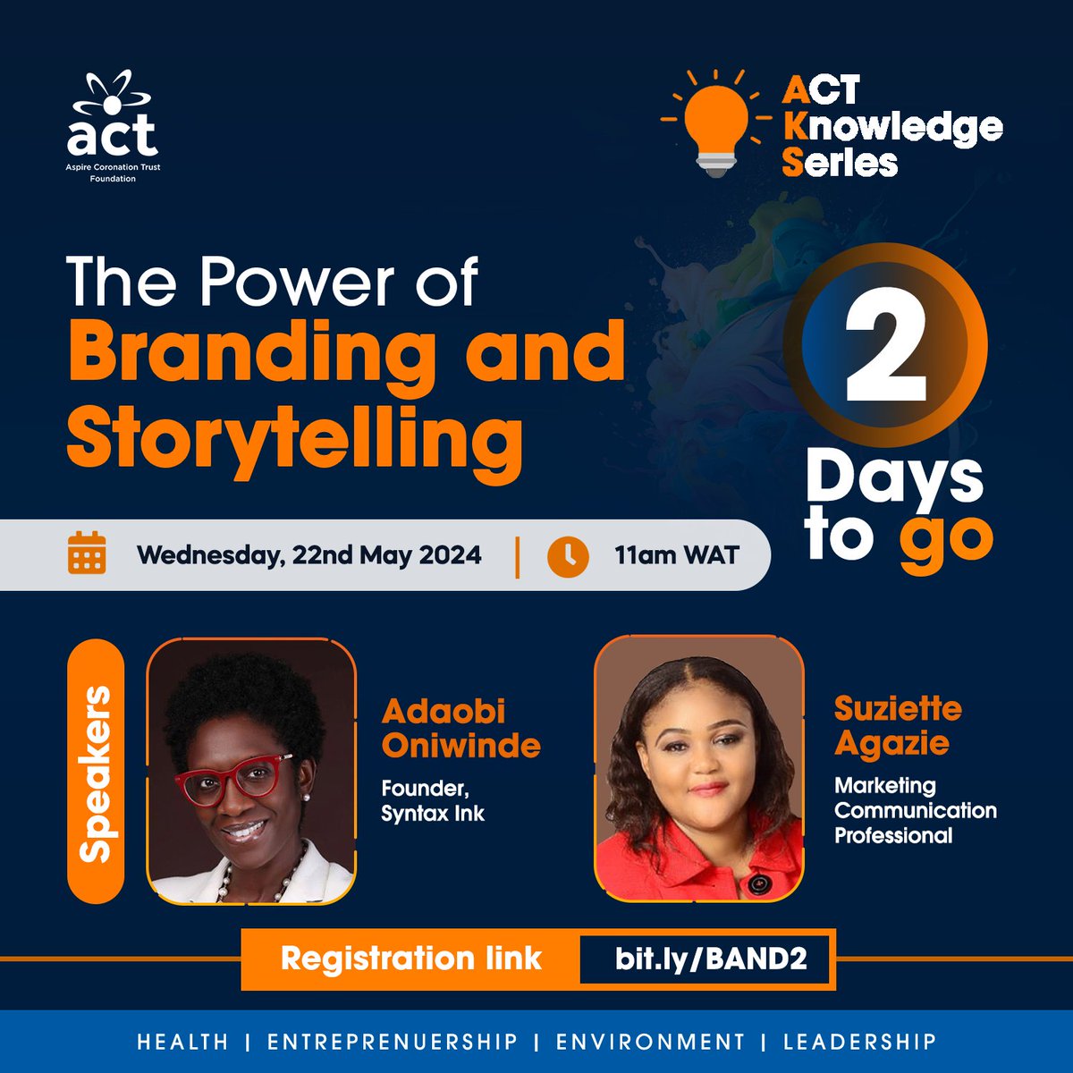 ACTFoundation_'s tweet image. Just 2 days to go Changemakers!

Have you registered to attend yet?

Click on the link. bit.ly/BAND2 

#actfoundation #ACTKnowledgeSeries #Storytelling #Branding #Impact #Africa #training