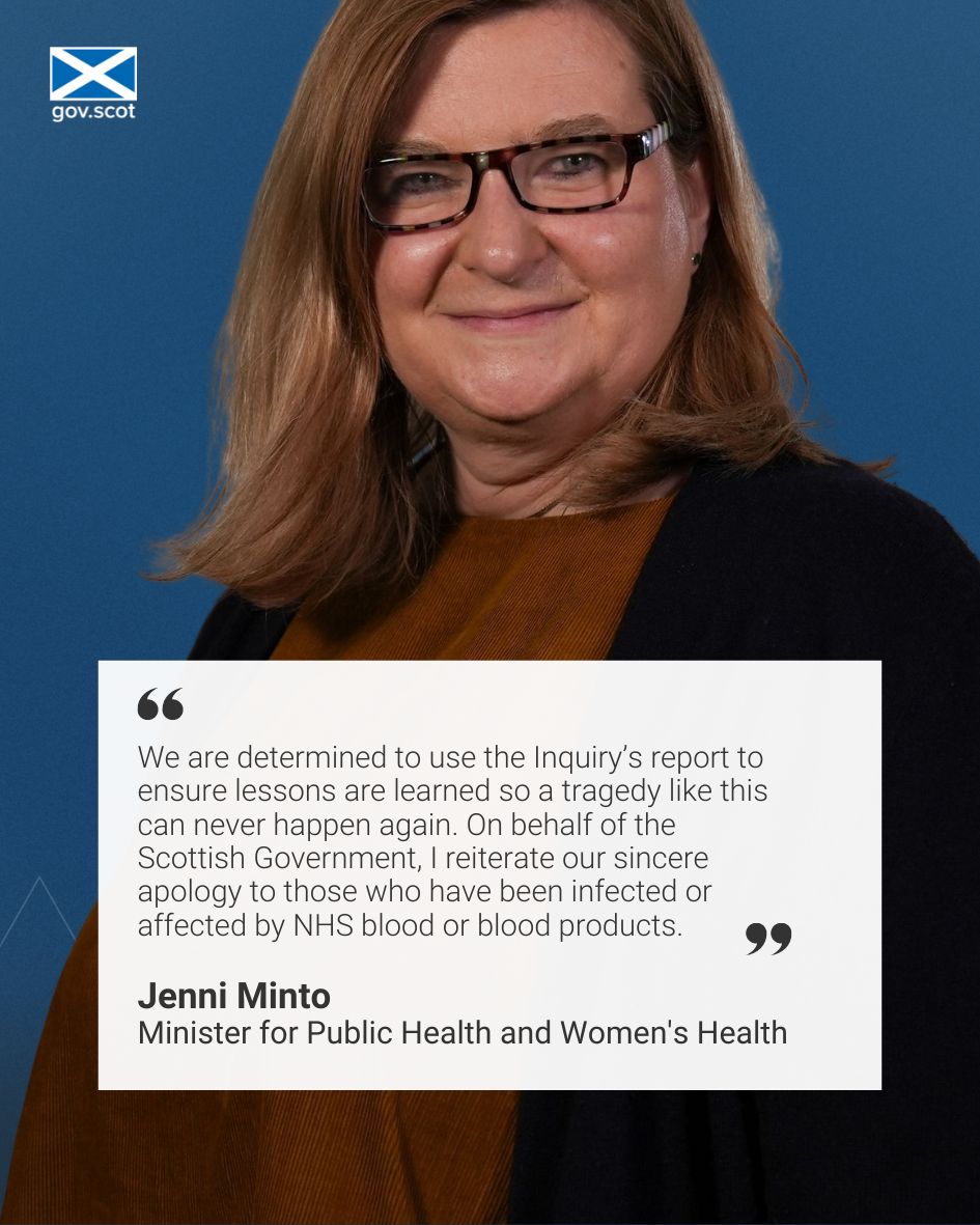 Public Health Minister @Jenni_Minto has welcomed the @bloodinquiry final report and will fully consider its recommendations with the help of a new oversight group chaired by the Scottish Government’s Director of Population Health, Christine McLaughlin.