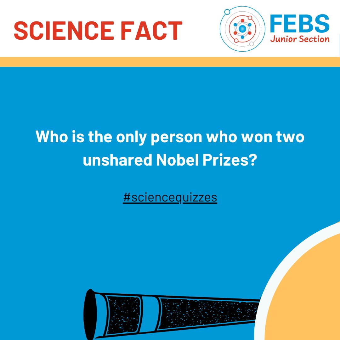 ✅ It´s time for Monday #quiz 🛫
⁉ The question is:
👩‍🔬 Who is the only person who won two unshared Nobel Prizes?
🔬 Comment below!
We'll reveal the answer on Friday 👩‍🔬#sciencefact #sciencequizzes #FEBS_JS #YoungFEBS #FEBSJuniorSection #Biochemistry #Biology #Chemistry