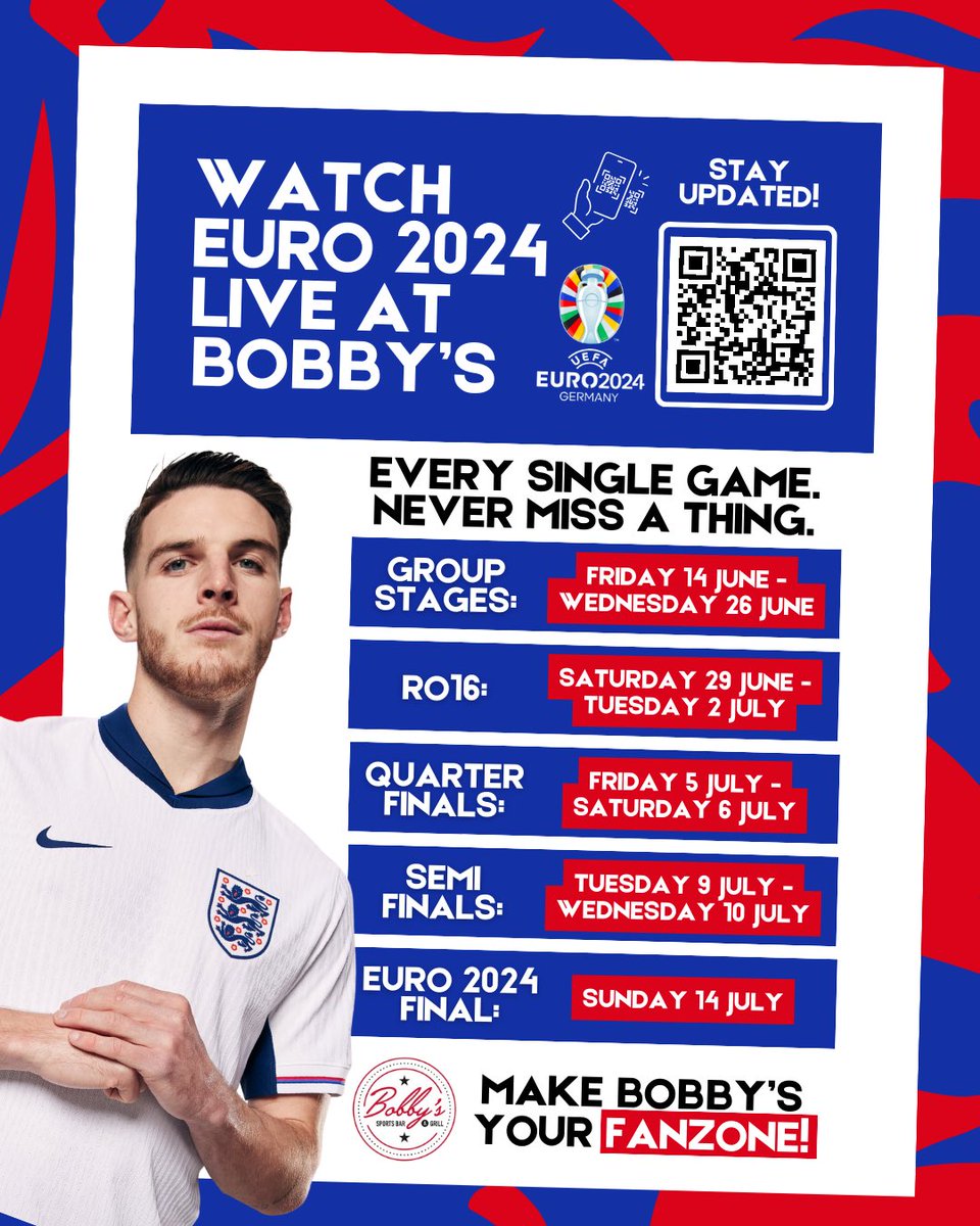 We can’t wait to show you what’s in store at Bobby’s for #EURO2024! 👀⚽️ There is no other place to be — make Bobby‘s your 𝗙𝗔𝗡𝗭𝗢𝗡𝗘 this summer. 👊 Every single game. Never miss a thing. 🔴⚪️⚫️ #UpTheChats