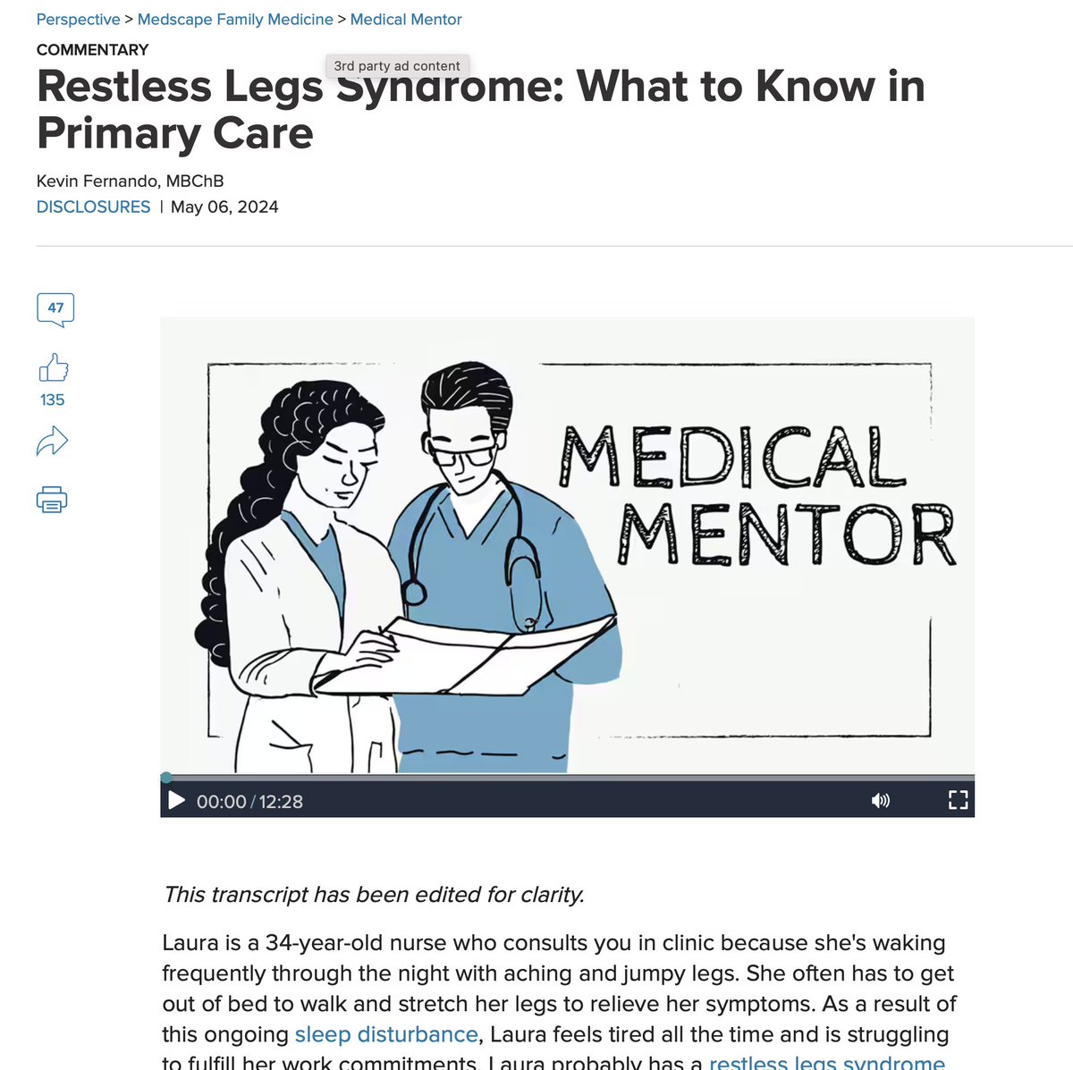 My latest @Medscape Medical Mentor podcast is live! 'Restless legs syndrome: what to know in primary care' Around 1 in 4 people with RLS have iron deficiency; how many of our patients living with RLS have ferritin levels checked? medscape.com/viewarticle/10… & also @Spotify