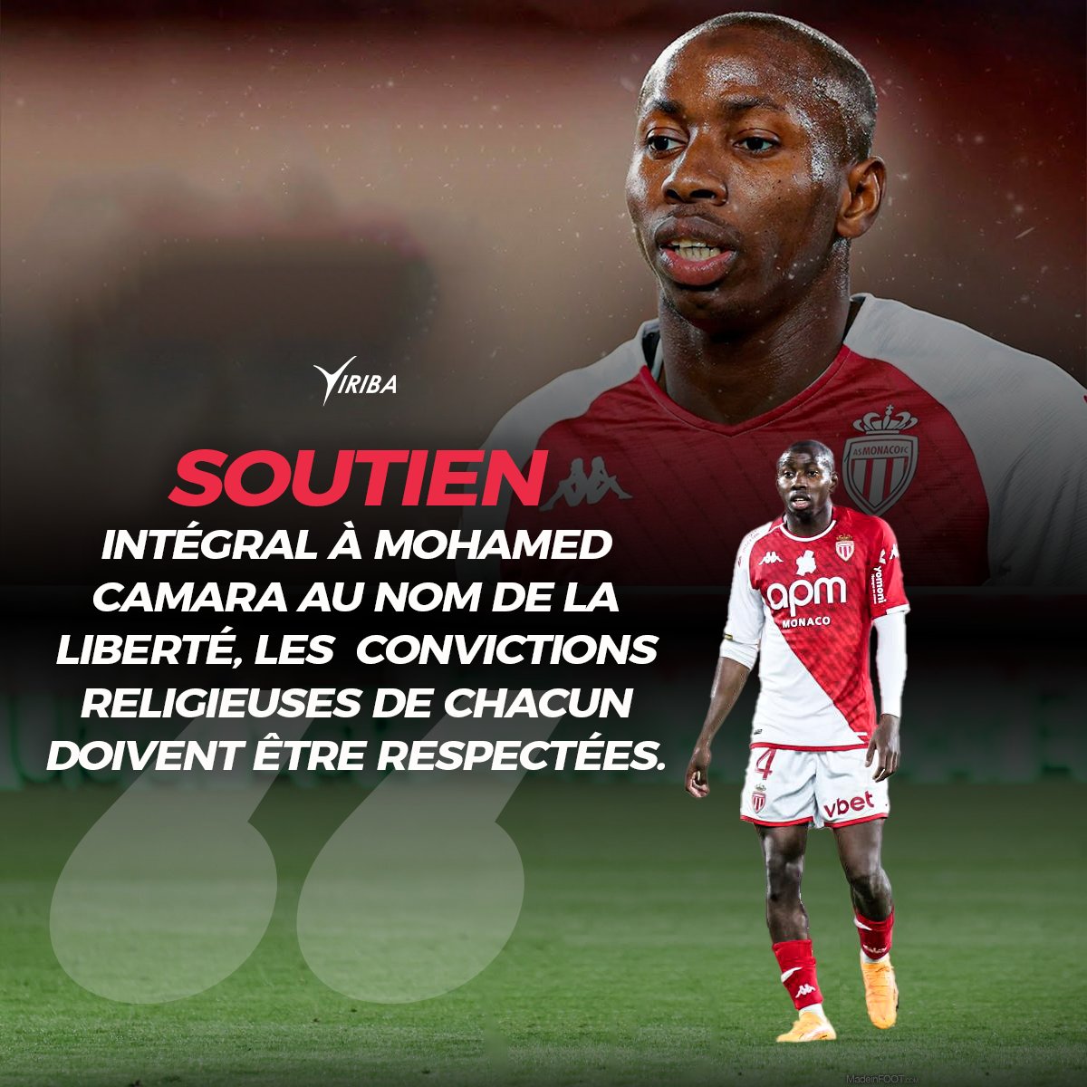 Soutien à notre compatriote Mohamed Camara 🇲🇱, (AS Monaco) sous la menace d'une sanction pour avoir caché sur son maillot le logo faisant la promotion de l'homosexualité.

On n'impose pas une valeur à une personne qui ne la partage pas.