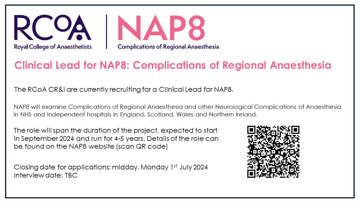 The @RCoANews CR&I is recruiting a Clinical Lead for #NAP8. See rcoa.ac.uk/clinical-lead-… for further information.