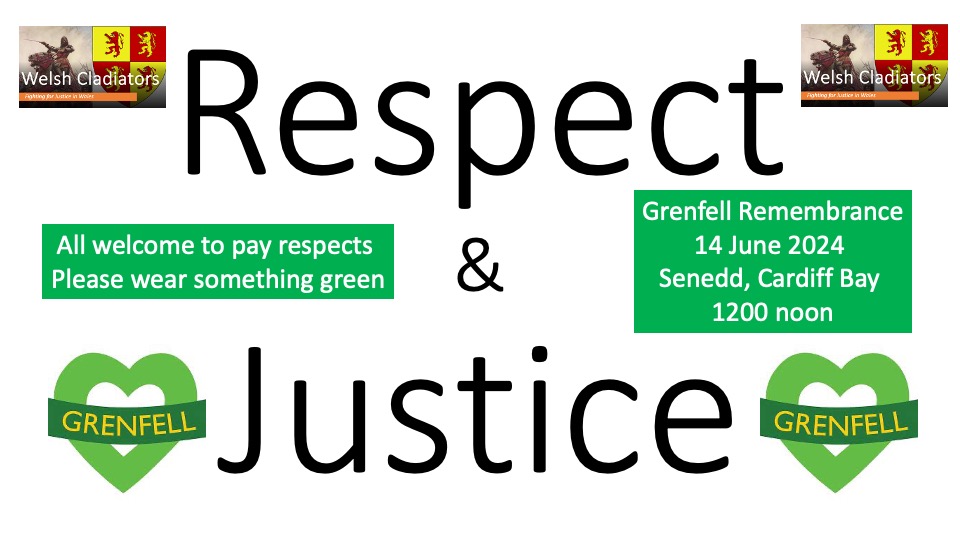 @WelshCladiators will be holding a short vigil on 14 June at 1200 @SeneddWales 2024, to honour and respect the victims of the shocking Grenfell Tragedy in 2017. All elected MSs are invited along with elected @cardiffcouncil @SwanseaCouncil Cllrs - Diolch yn fawr @GrenfellUnited