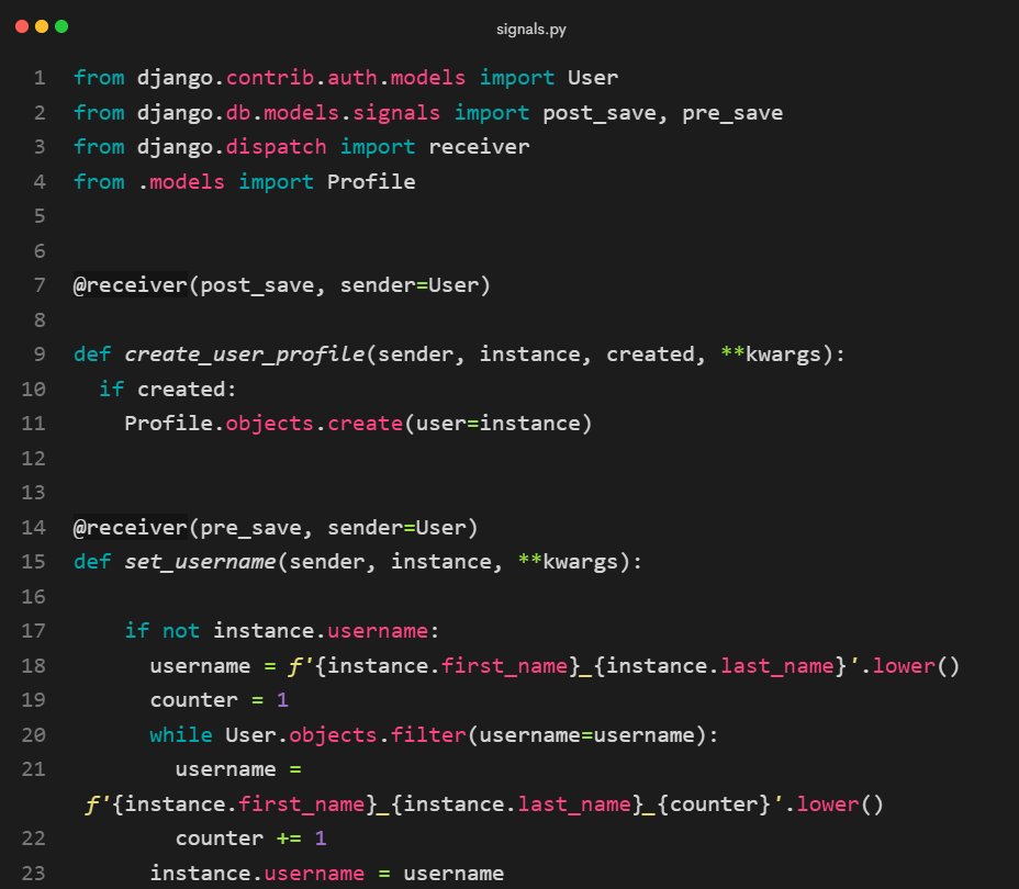 CODER1r's tweet image. This code snippet automates two tasks:

Whenever a new user is created, a corresponding profile is automatically generated.
If a user doesn&apos;t have a username provided, a unique username is generated based on their name.
@ThePSF @djangoproject @api_maker #backendengineering