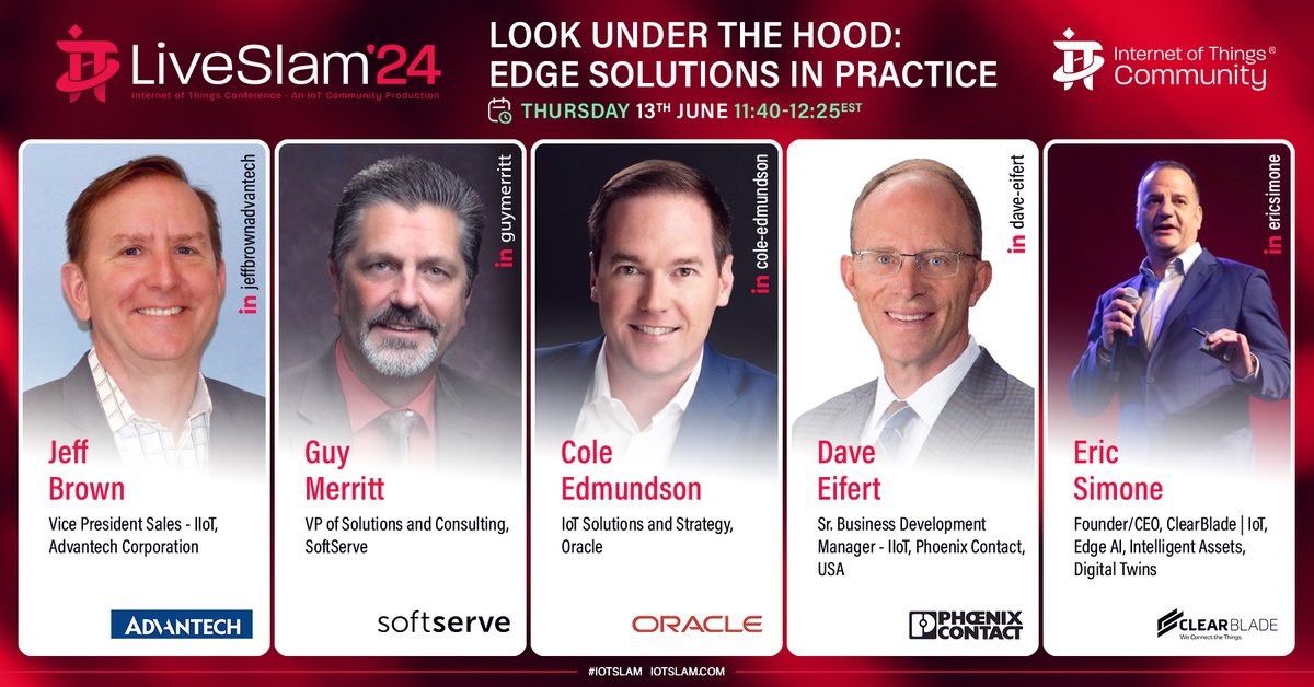 The #IoTCommunity is delighted to announce this IoT Slam Live #CECoE Panel: Look Under the Hood: Edge Solutions in Practice. Join @ClearBlade, @Oracle, @PhoenixContact, @SoftServeInc, and @Advantech_USA Live from @SASsoftware HQ Cary, NC. iotslam.com/session/look-u… #IoTSlam #IoT