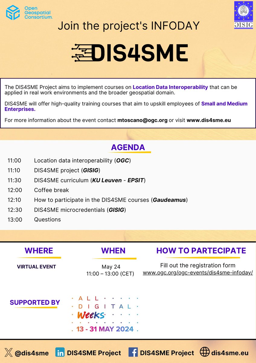 📢Don't miss the INFODAY of the @dis4sme Project, organized by @opengeospatial, a member of #SPACE4GEO. The INFODAY focuses on equipping SMEs with the right skills to deal with location data interoperability issues.
🗓️May 24, 11:00–13:00 (CET)
📍Online shorturl.at/hiN9n