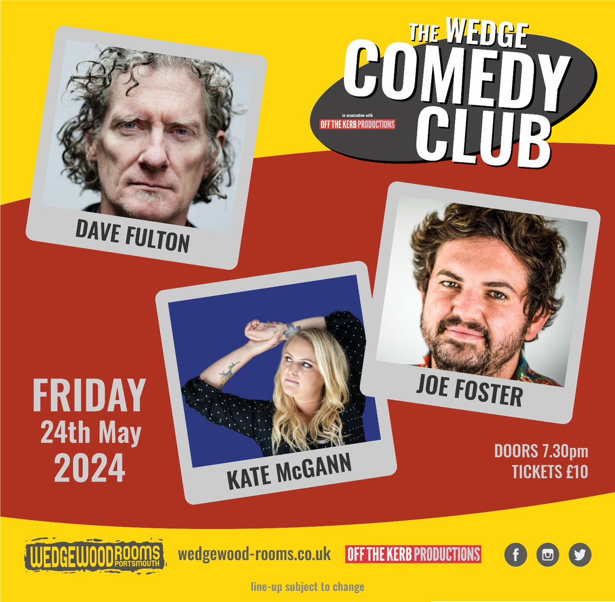 Our fortnightly Comedy Club is back this Friday! Joining us we have @fulton_dave, Kate McGann and Joe Foster😂 Doors 7:30pm, food served til 8:15pm 👉 wedgewood-rooms.co.uk 👈