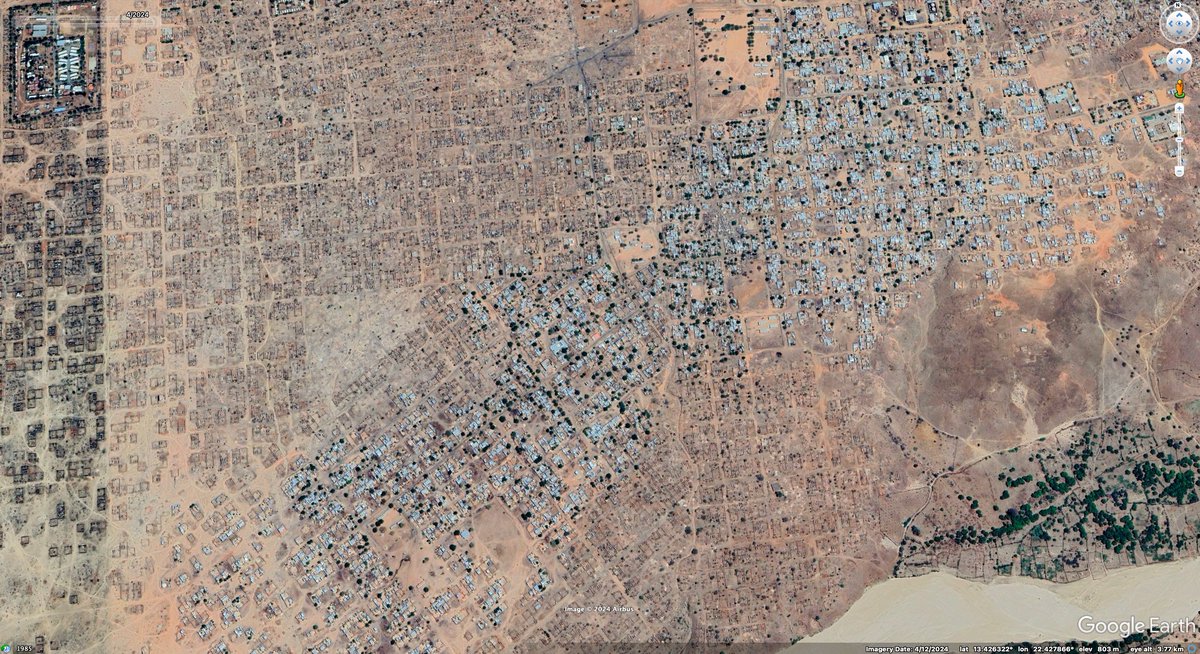 Google Earth has updated the whole of Sudan's El Geneina to reveal the disturbing scale of damage which happened during a reported ethnic cleansing campaign over the past year by the RSF and allied militias. Images shows #elgeneina from 2022 & 2024. More in the thread below 👇