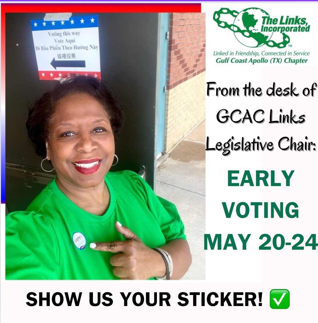 🗳️ EARLY VOTING begins today-5/24 for the 5/28 runoff. Important races for TX COA, Precinct Chair, Dist Judge, State Senate,&amp;  State Rep. These local positions directly affect your community. Sample ballot: lwvtx.clubexpress.com/#gsc.tab=0

#GCACLinks #WALinks #LinksInc #LinksVote