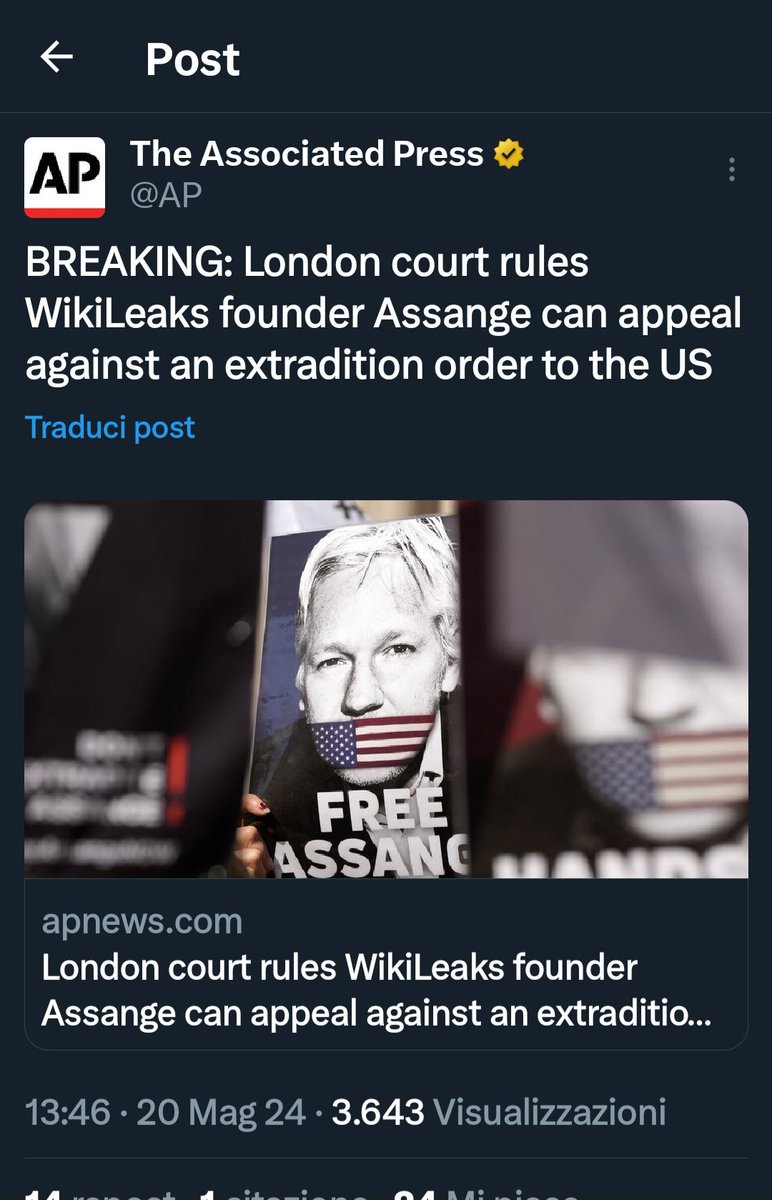 #20maggio Oggi è il giorno delle buone notizie dalle Corti di Giustizia. #Assange potrà fare appello contro estradizione negli USA. Vittoria per informazione, quella vera. Per l'altra, quella che in Italia non ha mai parlato della ingiusta detenzione di #Assange una giornata nera