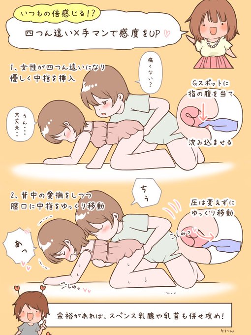 手マンがマンネリな人〜これ試してみて女性が四つん這いになった状態でゆっくり中指を挿入→Gスポットをじっくり押すよ羞恥心たっぷりでいつもより感じやすいのに、さらに背中や胸も攻められちゃうイケない体位物足りない時は、圧を一定にして膣口に指をずらすだけ…ヤバいこれ、絶対イク… 